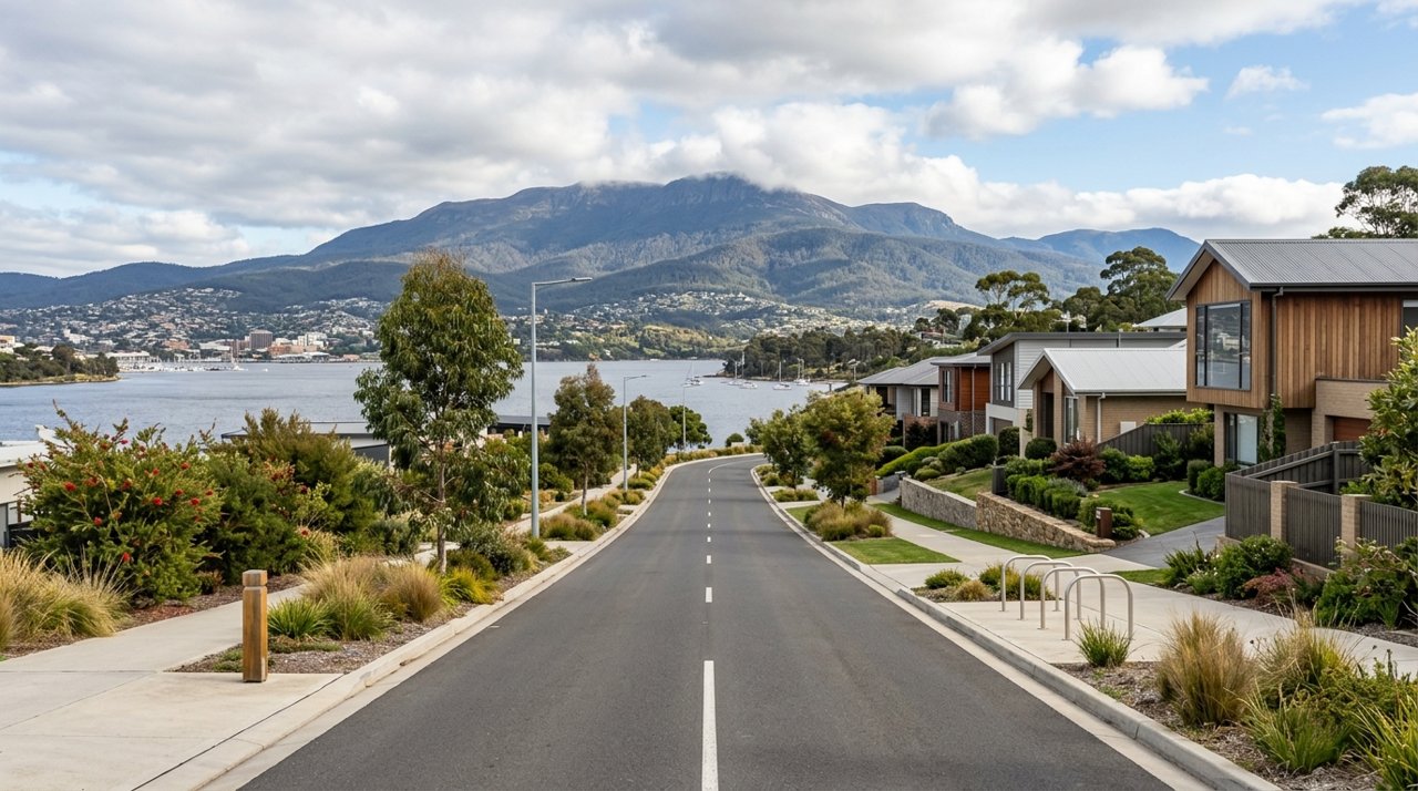a modern Tasmanian suburban civic streetscape on Hobart's Eastern Shore, daytime, no identifiable people