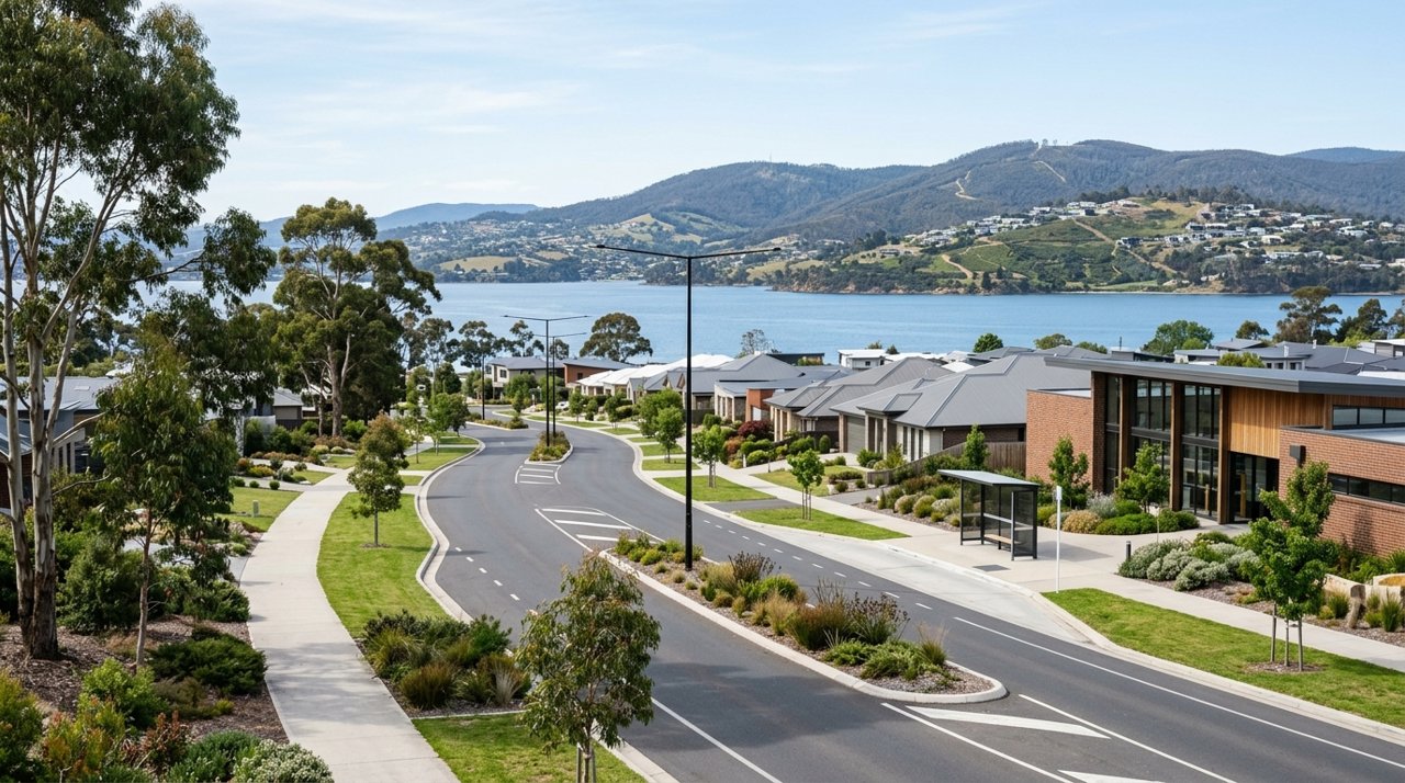 a modern Tasmanian suburban civic streetscape on Hobart's Eastern Shore, daytime, no identifiable people