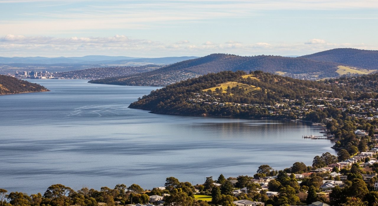 a scenic view of the River Derwent estuary and Hobart's Eastern Shore, Tasmania