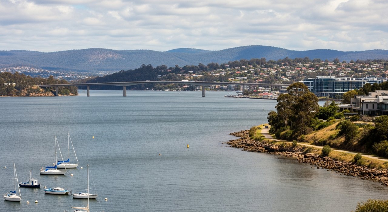 a scenic view of the River Derwent estuary and Hobart's Eastern Shore, Tasmania