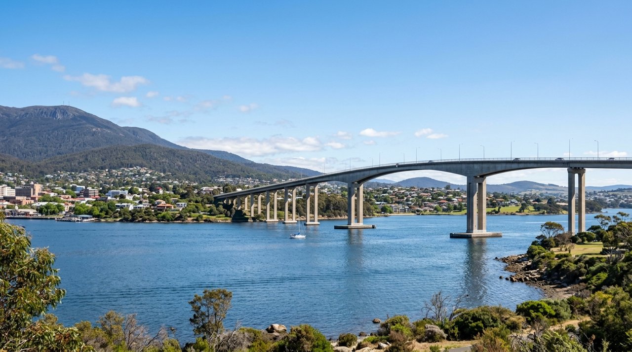 the Tasman Bridge spanning the River Derwent at Hobart on a clear day, wide shot, no people