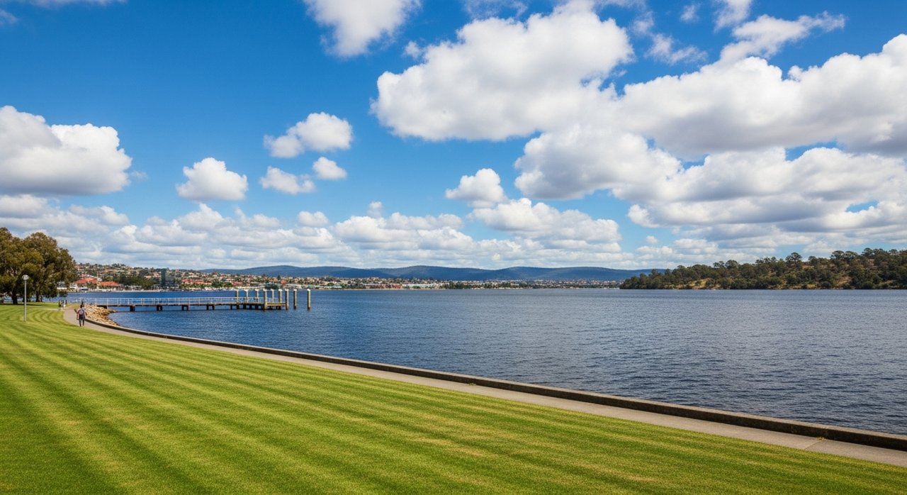 the River Derwent and the Eastern Shore foreshore under a dramatic Tasmanian sky