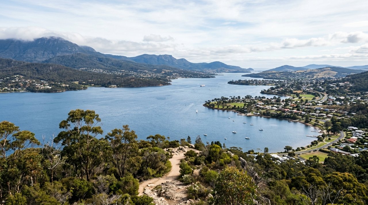 a scenic view of the River Derwent estuary and Hobart's Eastern Shore, Tasmania