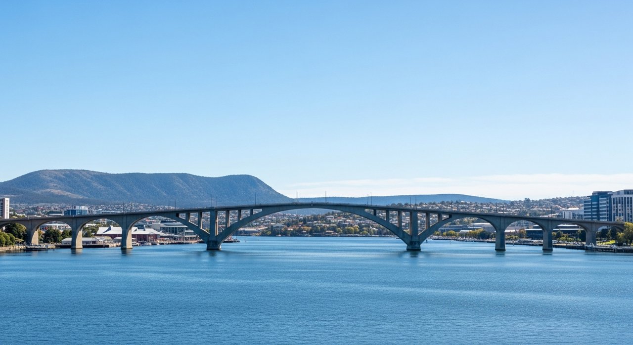 the Tasman Bridge spanning the River Derwent at Hobart on a clear day, wide shot, no people