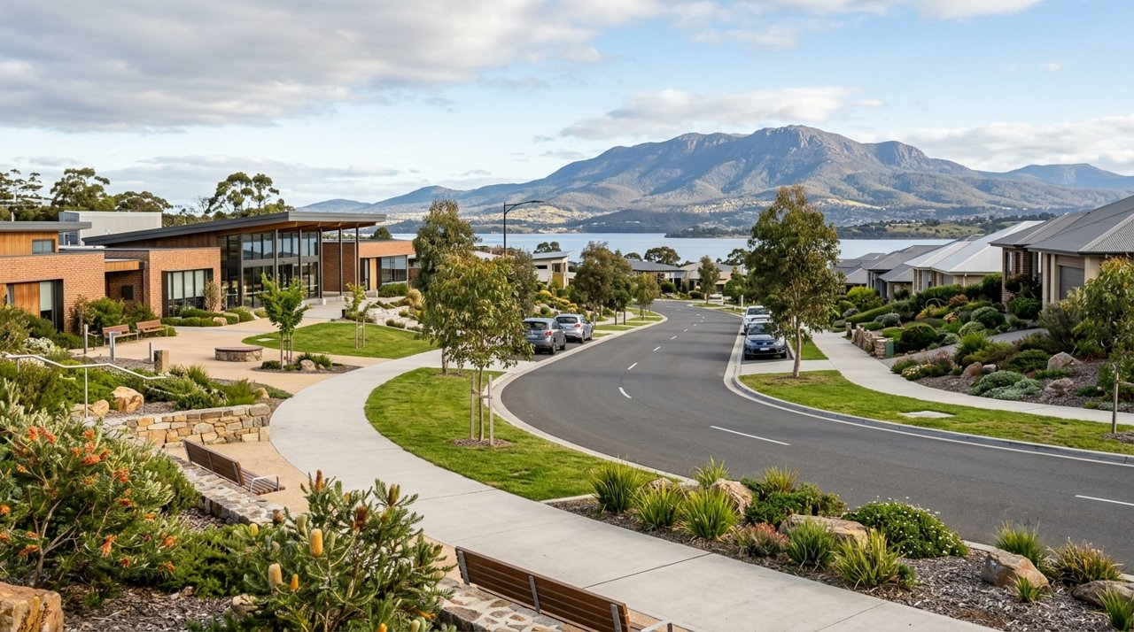 a modern Tasmanian suburban civic streetscape on Hobart's Eastern Shore, daytime, no identifiable people