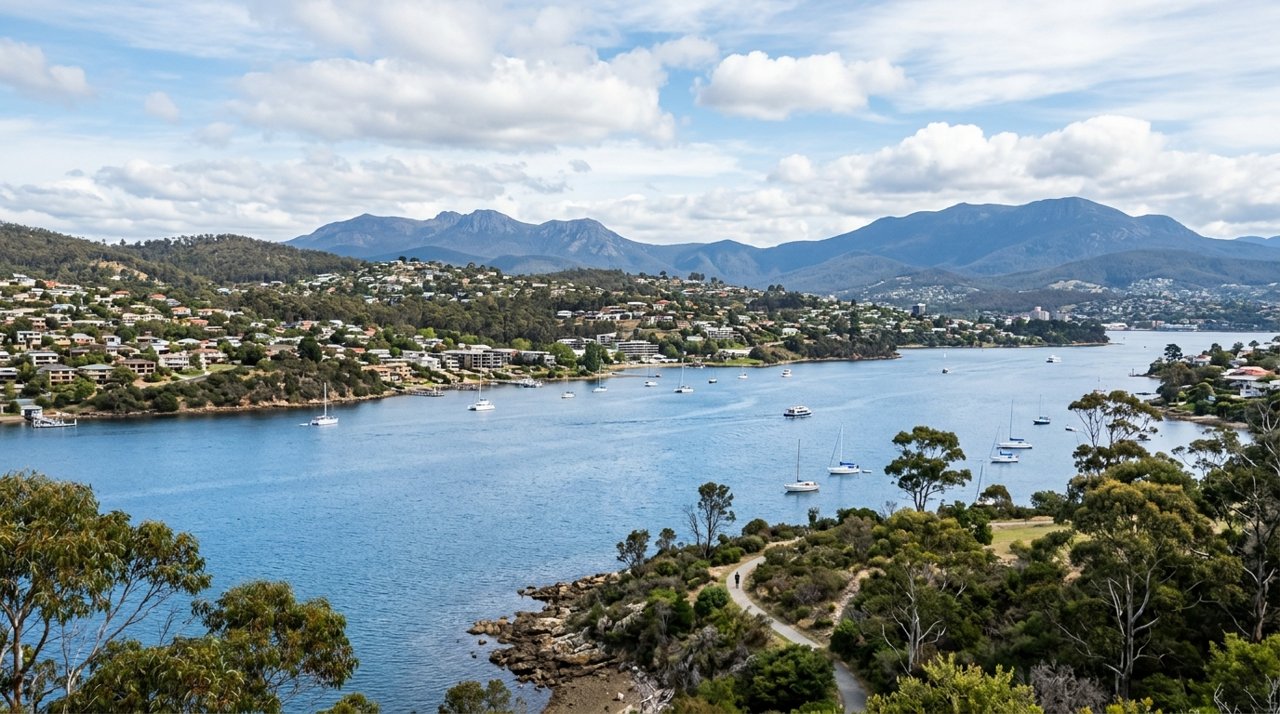 a scenic view of the River Derwent estuary and Hobart's Eastern Shore, Tasmania