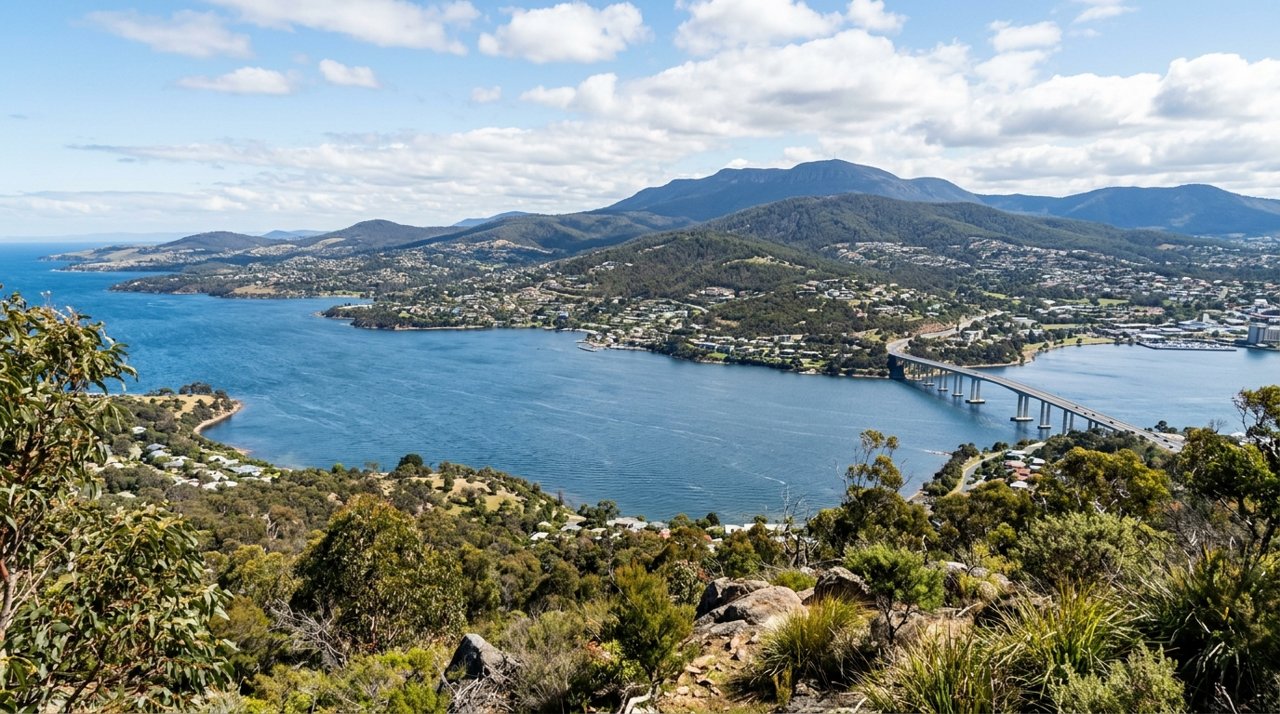 a scenic view of the River Derwent estuary and Hobart's Eastern Shore, Tasmania