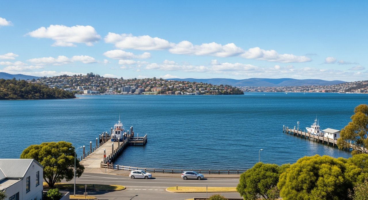 a scenic view of the River Derwent estuary and Hobart's Eastern Shore, Tasmania