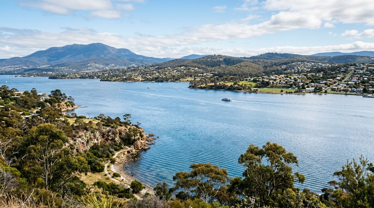 a scenic view of the River Derwent estuary and Hobart's Eastern Shore, Tasmania