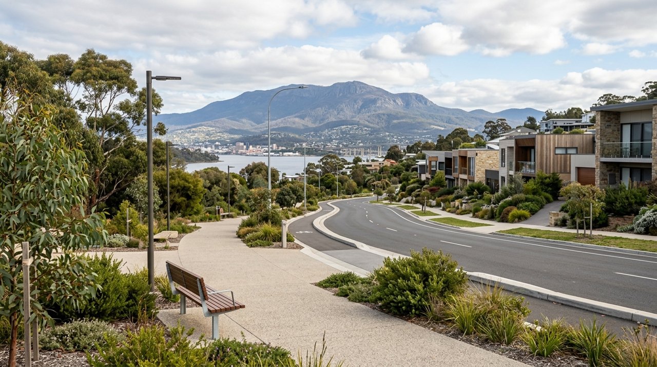 a modern Tasmanian suburban civic streetscape on Hobart's Eastern Shore, daytime, no identifiable people