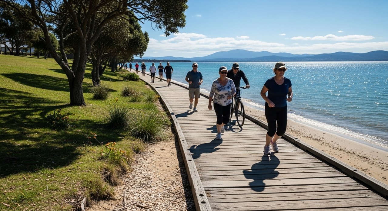 the Bellerive Beach foreshore boardwalk on Hobart's Eastern Shore on a sunny day