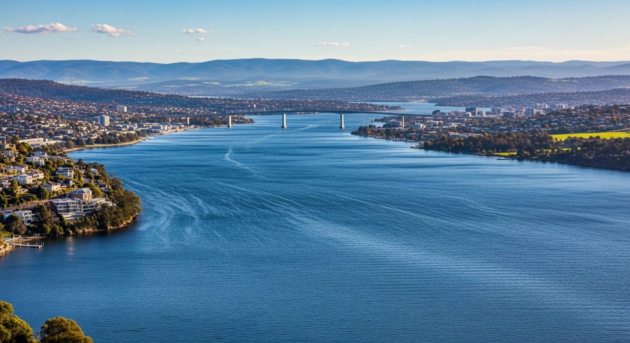 a scenic view of the River Derwent estuary and Hobart's Eastern Shore, Tasmania