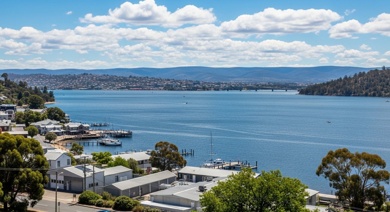 a scenic view of the River Derwent estuary and Hobart's Eastern Shore, Tasmania