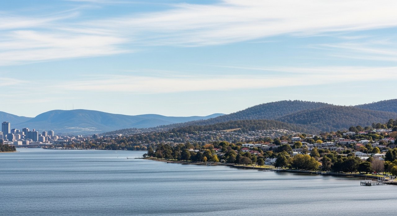 a scenic view of the River Derwent estuary and Hobart's Eastern Shore, Tasmania