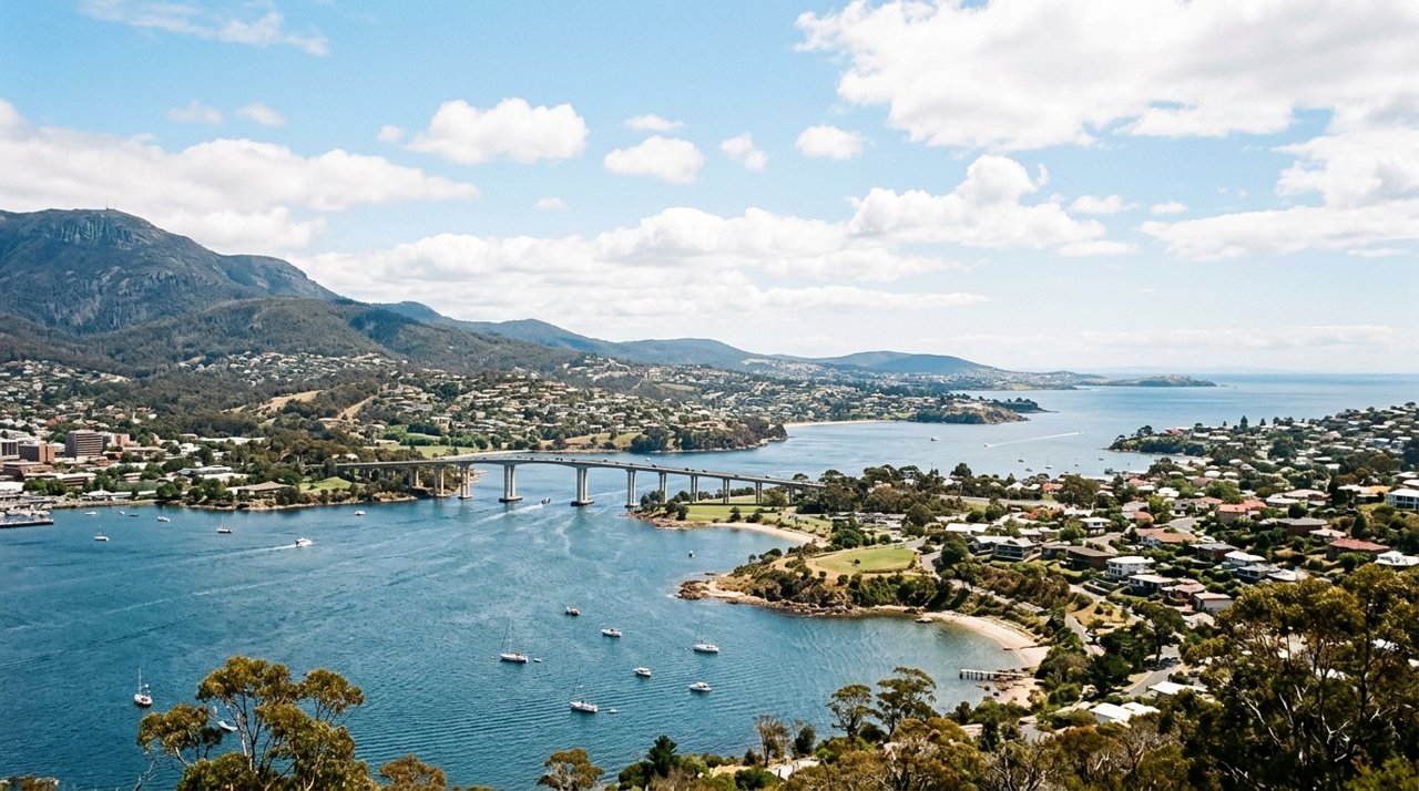 a scenic view of the River Derwent estuary and Hobart's Eastern Shore, Tasmania