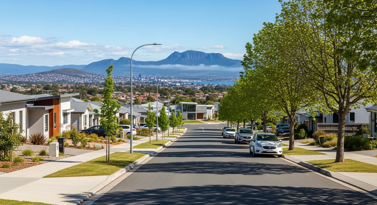 a modern Tasmanian suburban civic streetscape on Hobart's Eastern Shore, daytime, no identifiable people