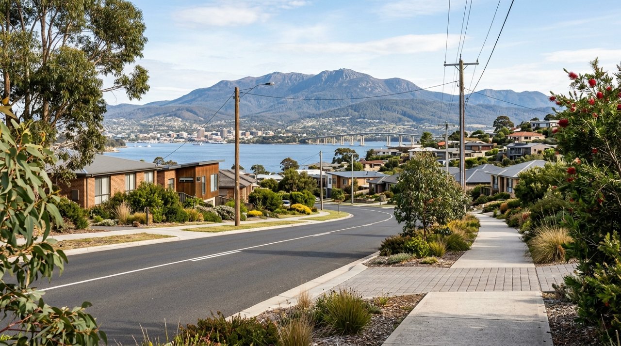 a modern Tasmanian suburban civic streetscape on Hobart's Eastern Shore, daytime, no identifiable people