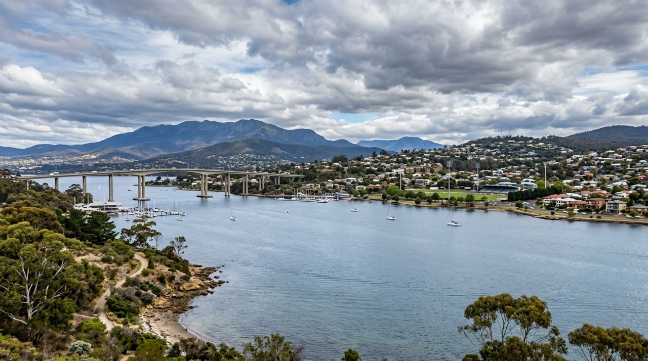 the River Derwent and the Eastern Shore foreshore under a dramatic Tasmanian sky