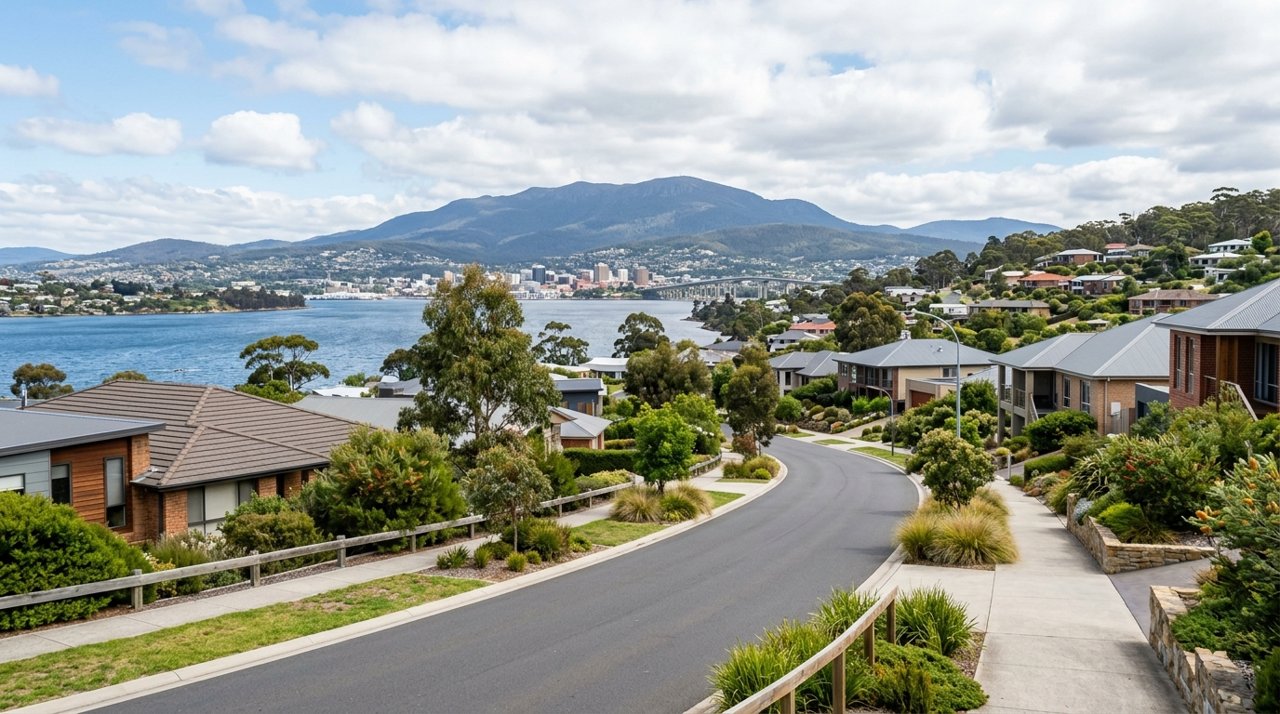 a modern Tasmanian suburban civic streetscape on Hobart's Eastern Shore, daytime, no identifiable people