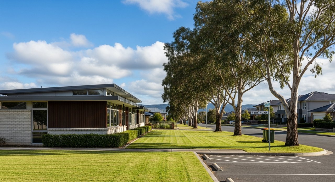a modern Tasmanian suburban civic streetscape on Hobart's Eastern Shore, daytime, no identifiable people