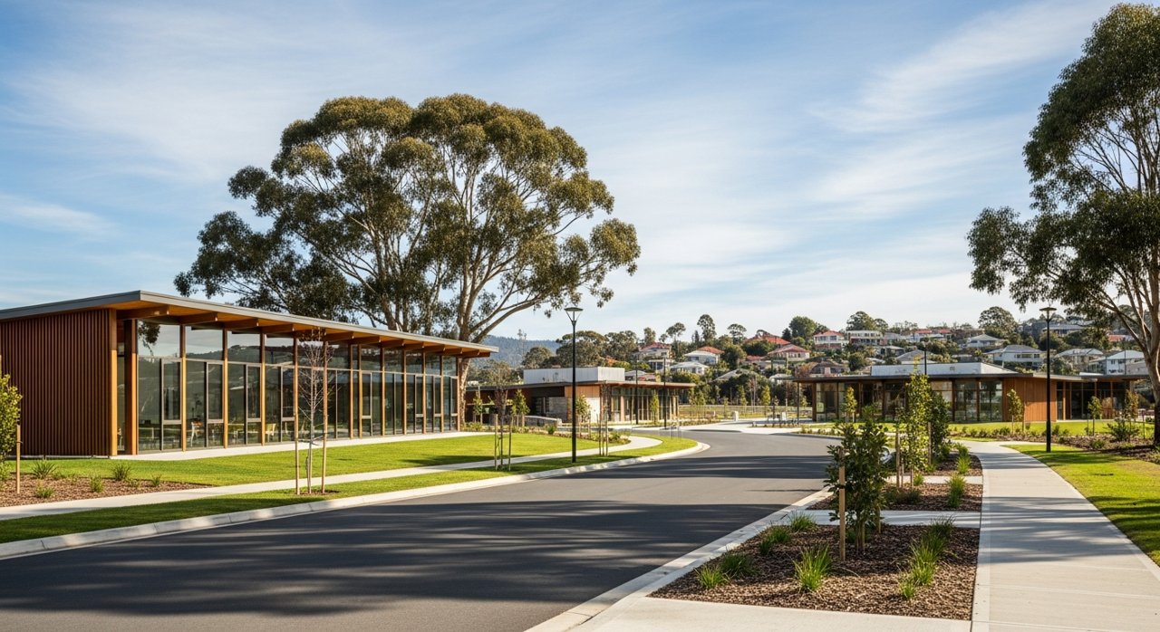 a modern Tasmanian suburban civic streetscape on Hobart's Eastern Shore, daytime, no identifiable people