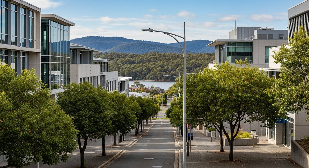 a modern Tasmanian suburban civic streetscape on Hobart's Eastern Shore, daytime, no identifiable people