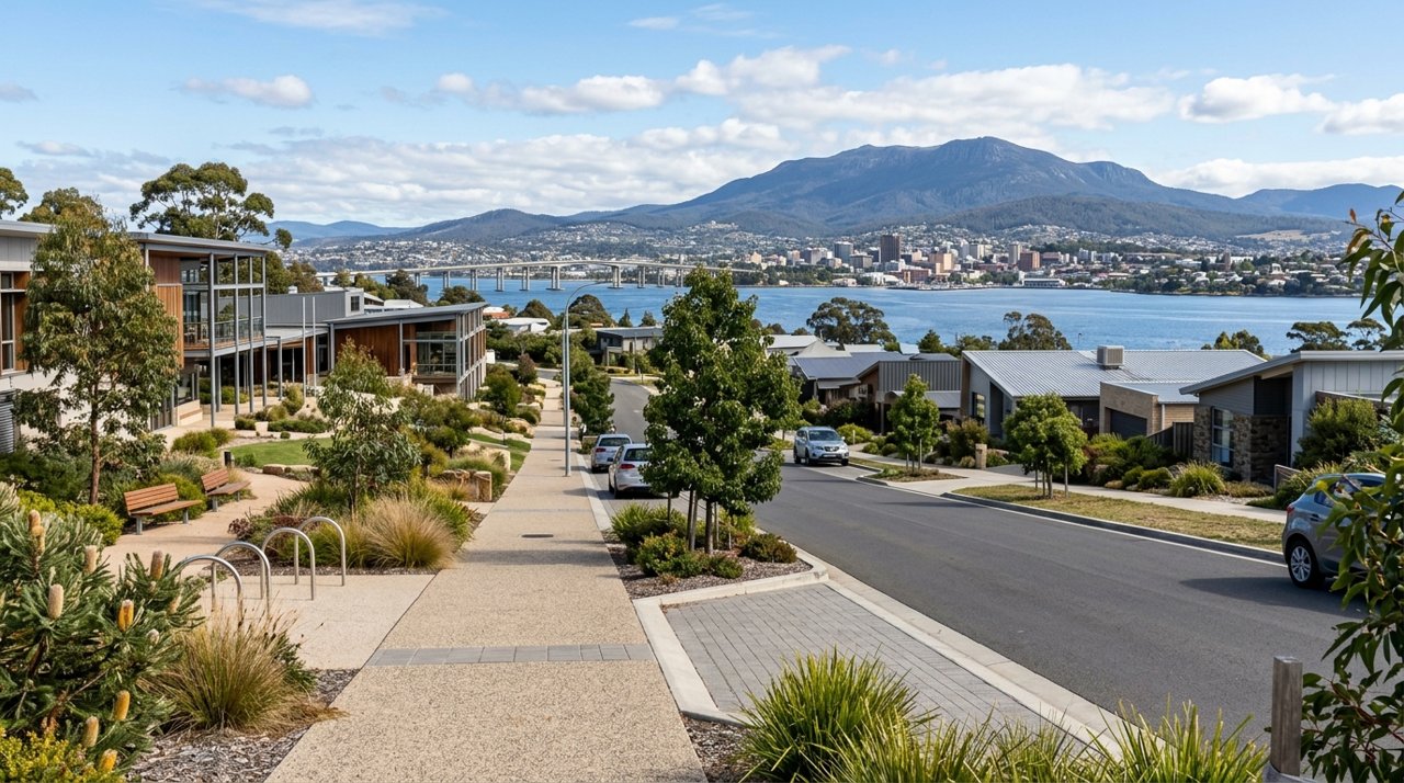 a modern Tasmanian suburban civic streetscape on Hobart's Eastern Shore, daytime, no identifiable people