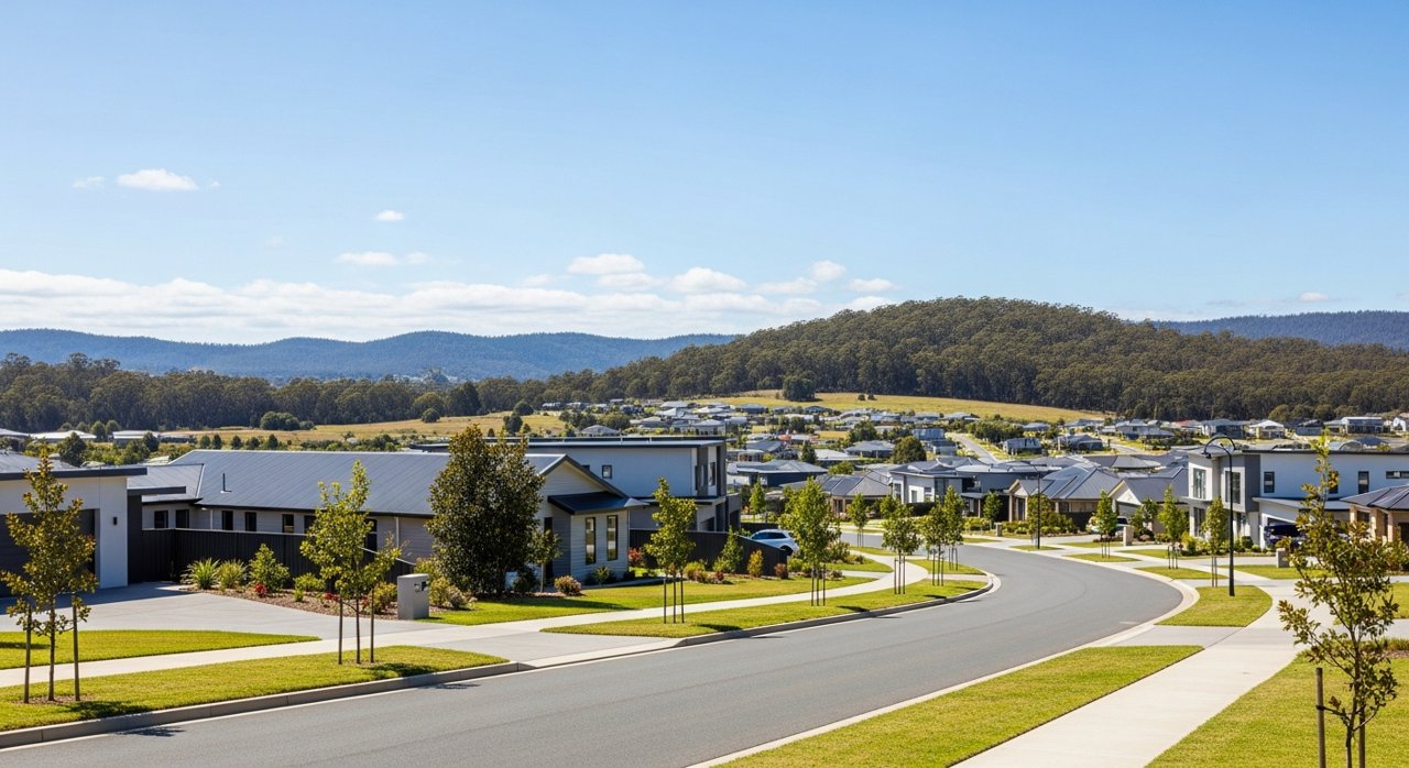 a modern Tasmanian suburban civic streetscape on Hobart's Eastern Shore, daytime, no identifiable people