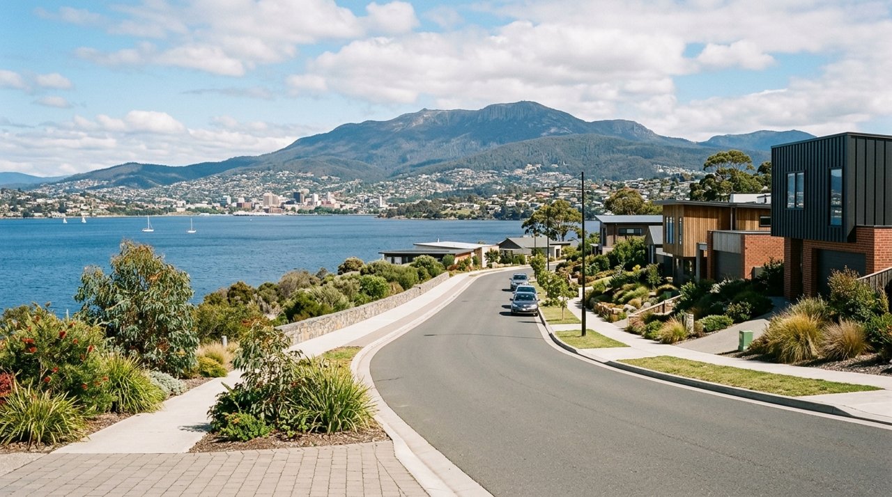 a modern Tasmanian suburban civic streetscape on Hobart's Eastern Shore, daytime, no identifiable people