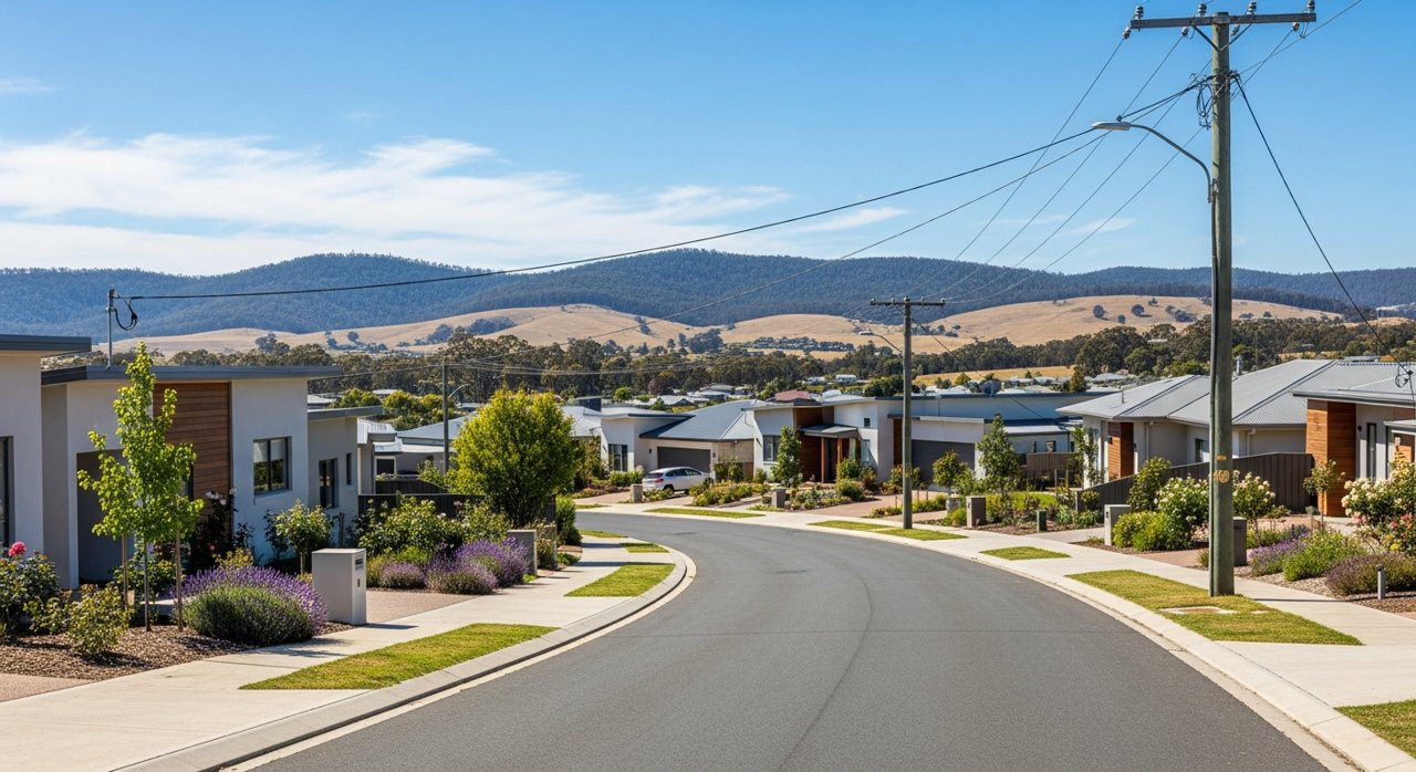 a modern Tasmanian suburban civic streetscape on Hobart's Eastern Shore, daytime, no identifiable people