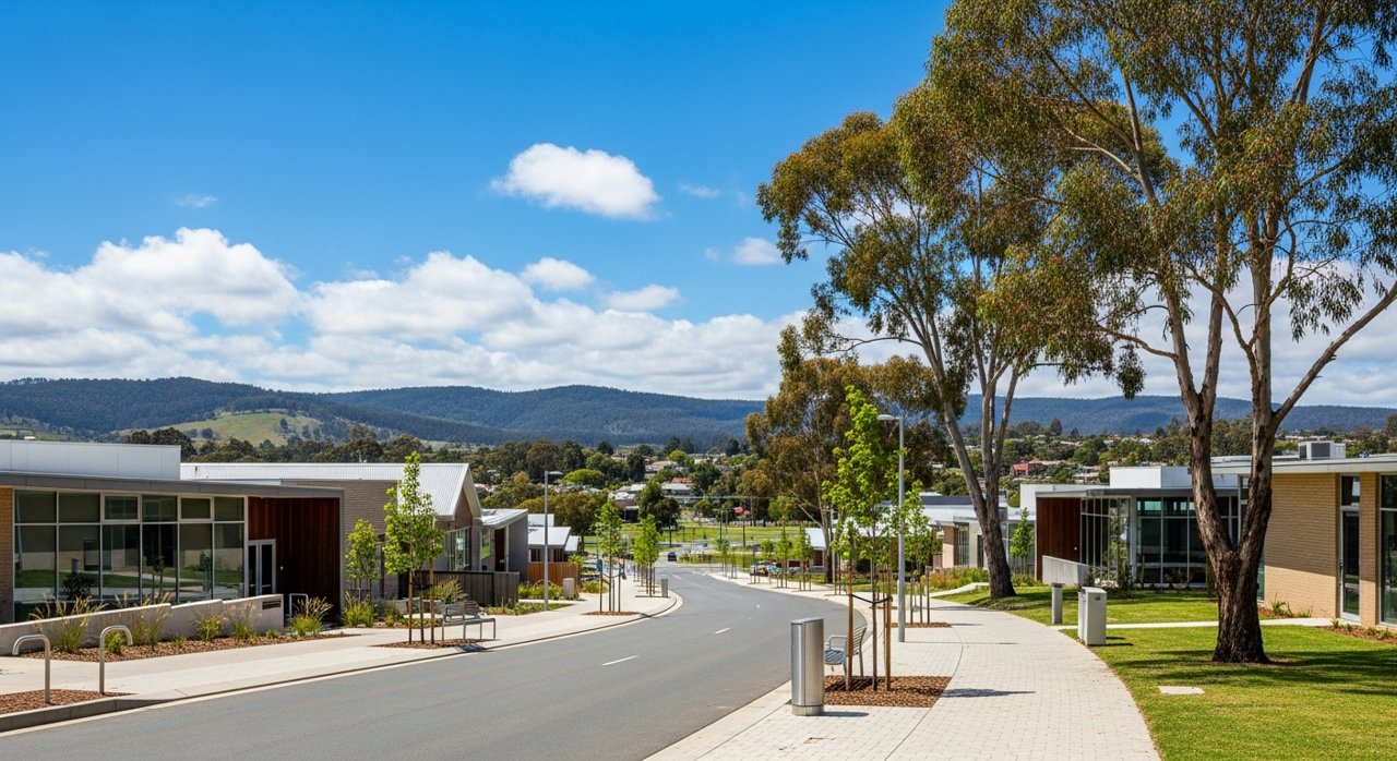 a modern Tasmanian suburban civic streetscape on Hobart's Eastern Shore, daytime, no identifiable people