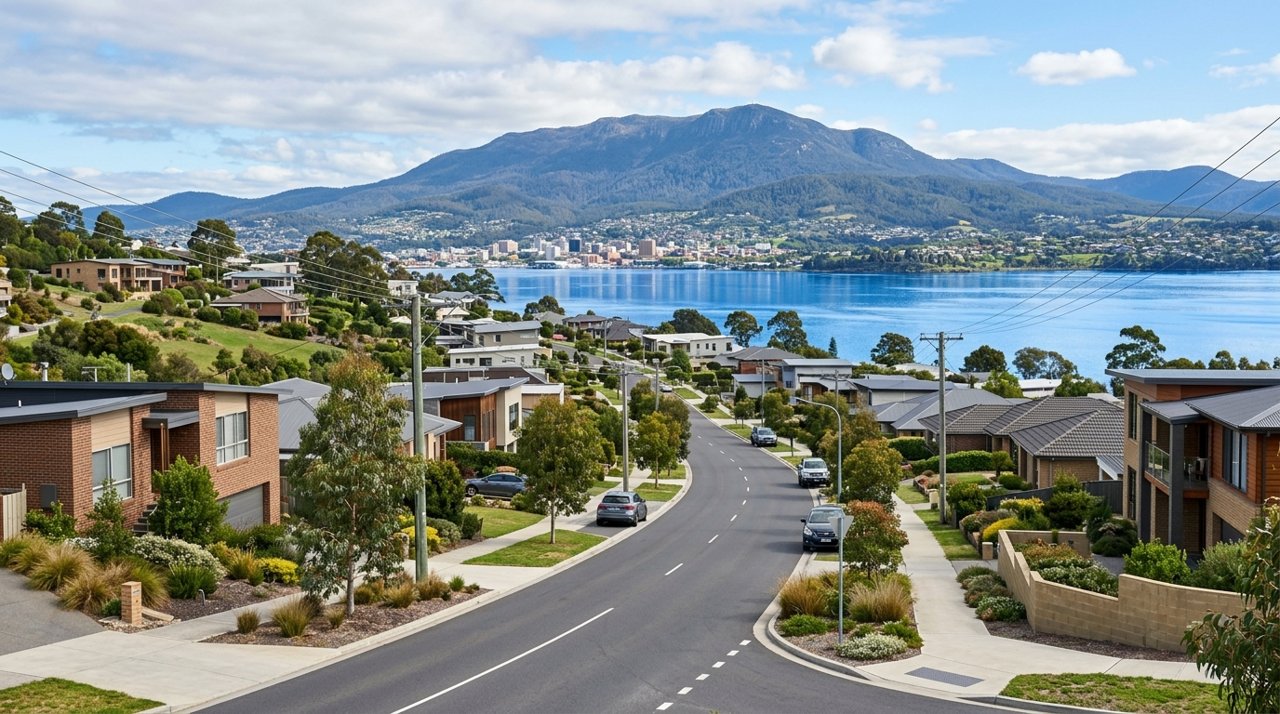 a modern Tasmanian suburban civic streetscape on Hobart's Eastern Shore, daytime, no identifiable people