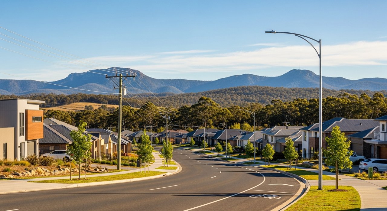 a modern Tasmanian suburban civic streetscape on Hobart's Eastern Shore, daytime, no identifiable people