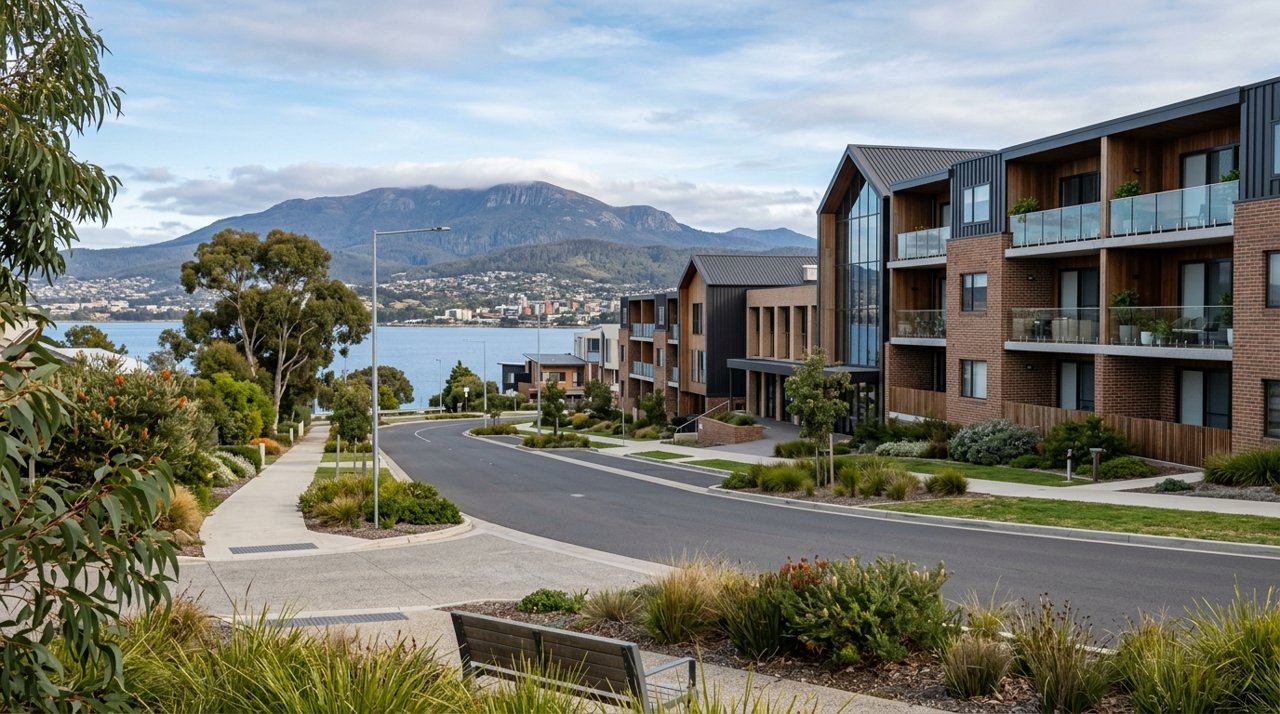 a modern Tasmanian suburban civic streetscape on Hobart's Eastern Shore, daytime, no identifiable people