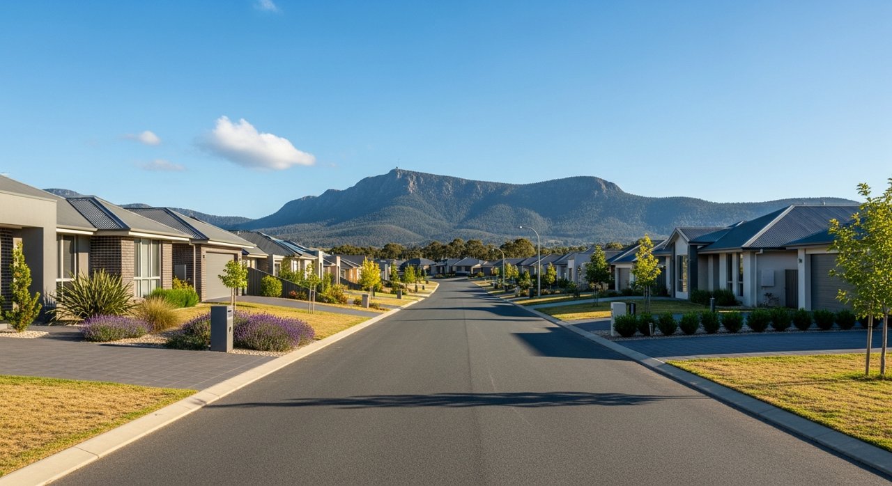 a modern Tasmanian suburban civic streetscape on Hobart's Eastern Shore, daytime, no identifiable people