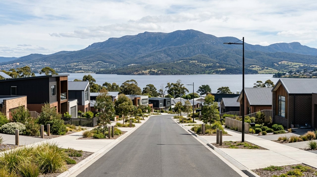 a modern Tasmanian suburban civic streetscape on Hobart's Eastern Shore, daytime, no identifiable people