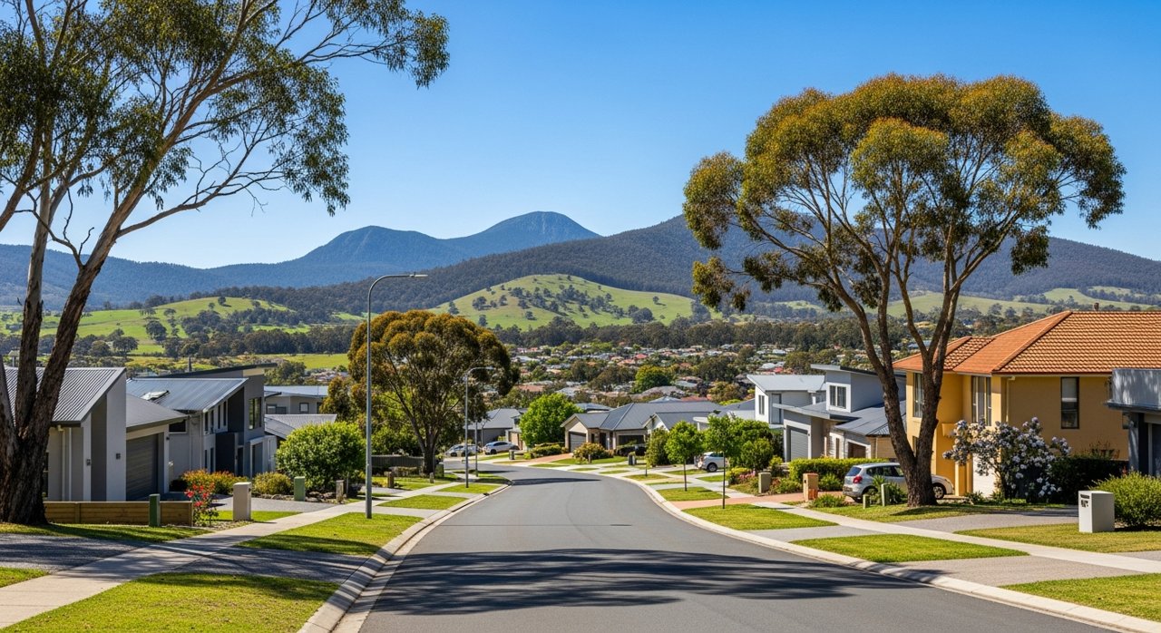 a modern Tasmanian suburban civic streetscape on Hobart's Eastern Shore, daytime, no identifiable people