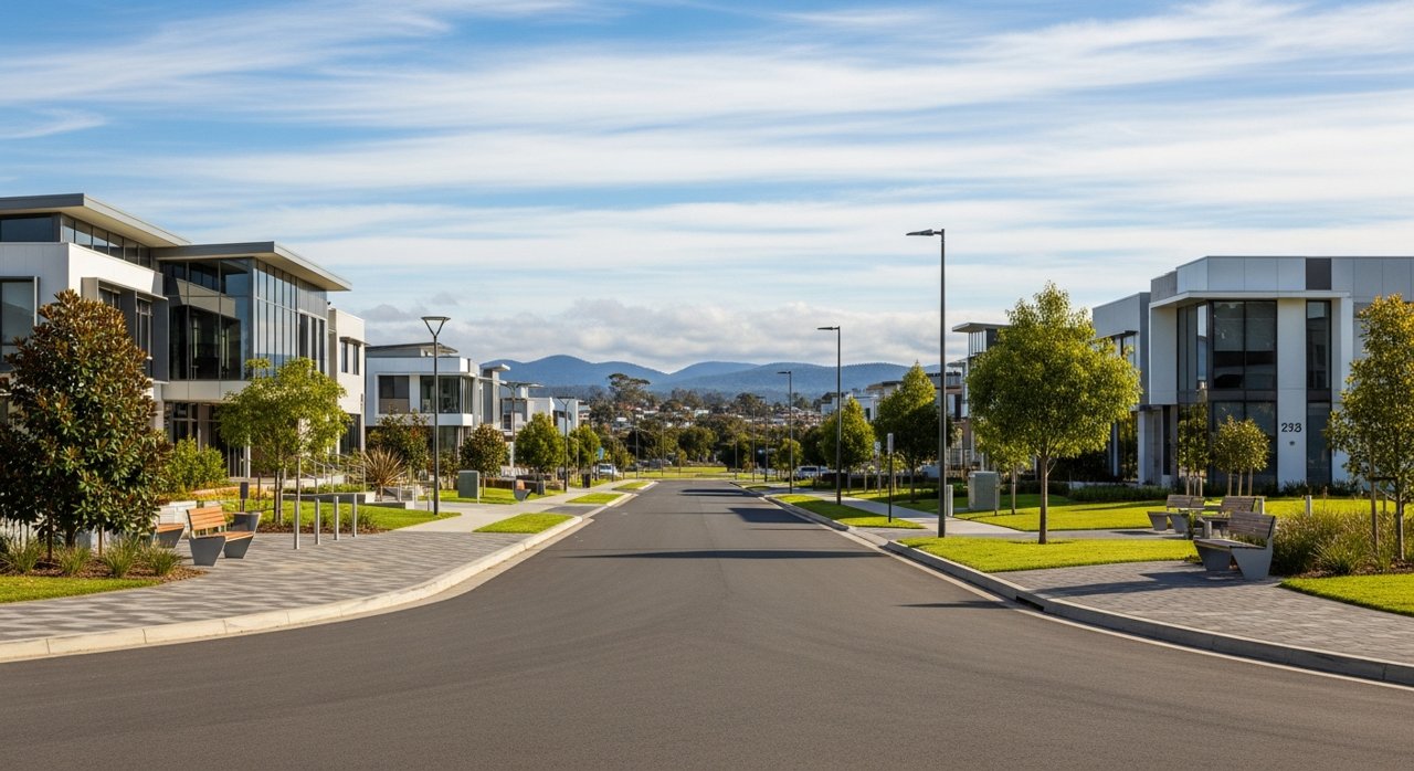 a modern Tasmanian suburban civic streetscape on Hobart's Eastern Shore, daytime, no identifiable people