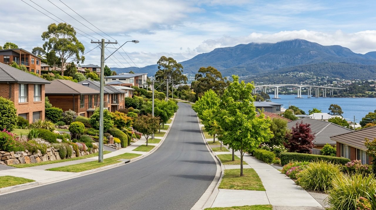 a modern Tasmanian suburban civic streetscape on Hobart's Eastern Shore, daytime, no identifiable people