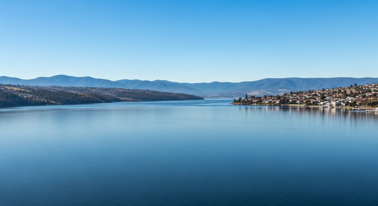 a scenic view of the River Derwent estuary and Hobart's Eastern Shore, Tasmania