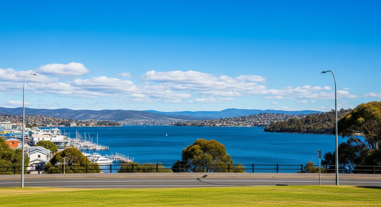 a scenic view of the River Derwent estuary and Hobart's Eastern Shore, Tasmania