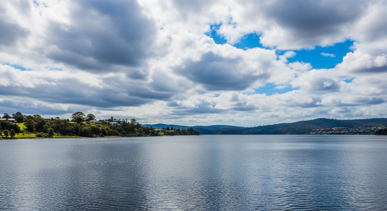the River Derwent and the Eastern Shore foreshore under a dramatic Tasmanian sky