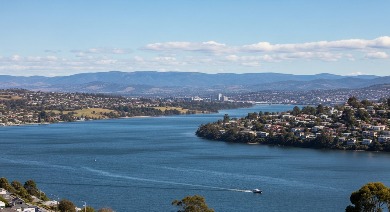 a scenic view of the River Derwent estuary and Hobart's Eastern Shore, Tasmania
