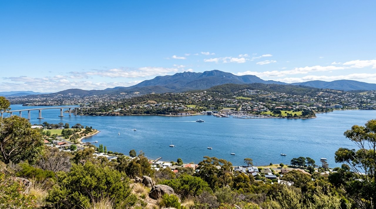 a scenic view of the River Derwent estuary and Hobart's Eastern Shore, Tasmania