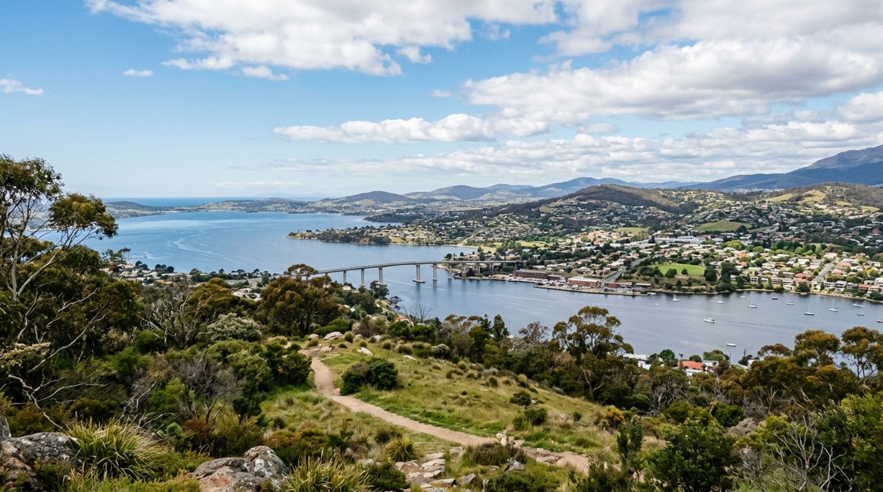 a scenic view of the River Derwent estuary and Hobart's Eastern Shore, Tasmania