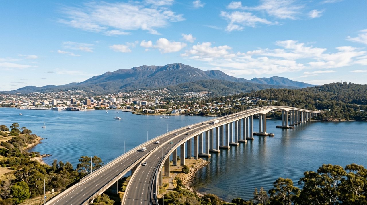 the Tasman Bridge spanning the River Derwent at Hobart on a clear day, wide shot, no people