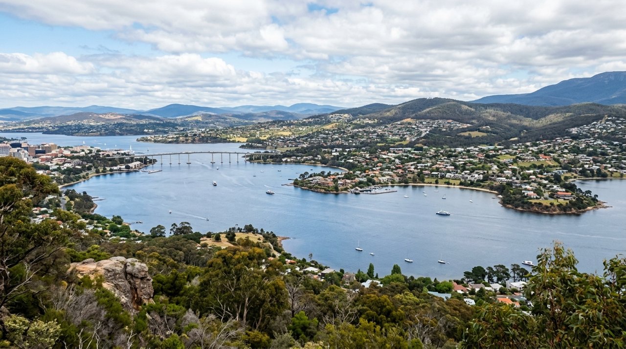 a scenic view of the River Derwent estuary and Hobart's Eastern Shore, Tasmania