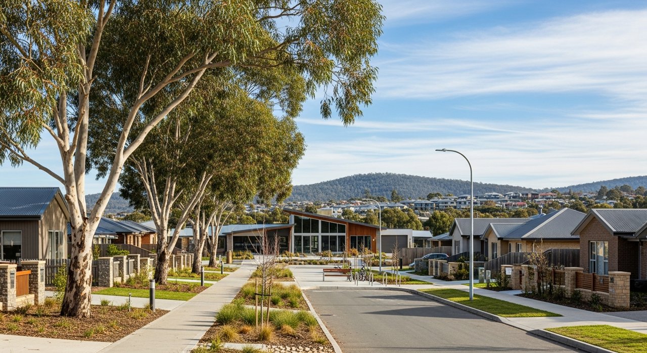 a modern Tasmanian suburban civic streetscape on Hobart's Eastern Shore, daytime, no identifiable people