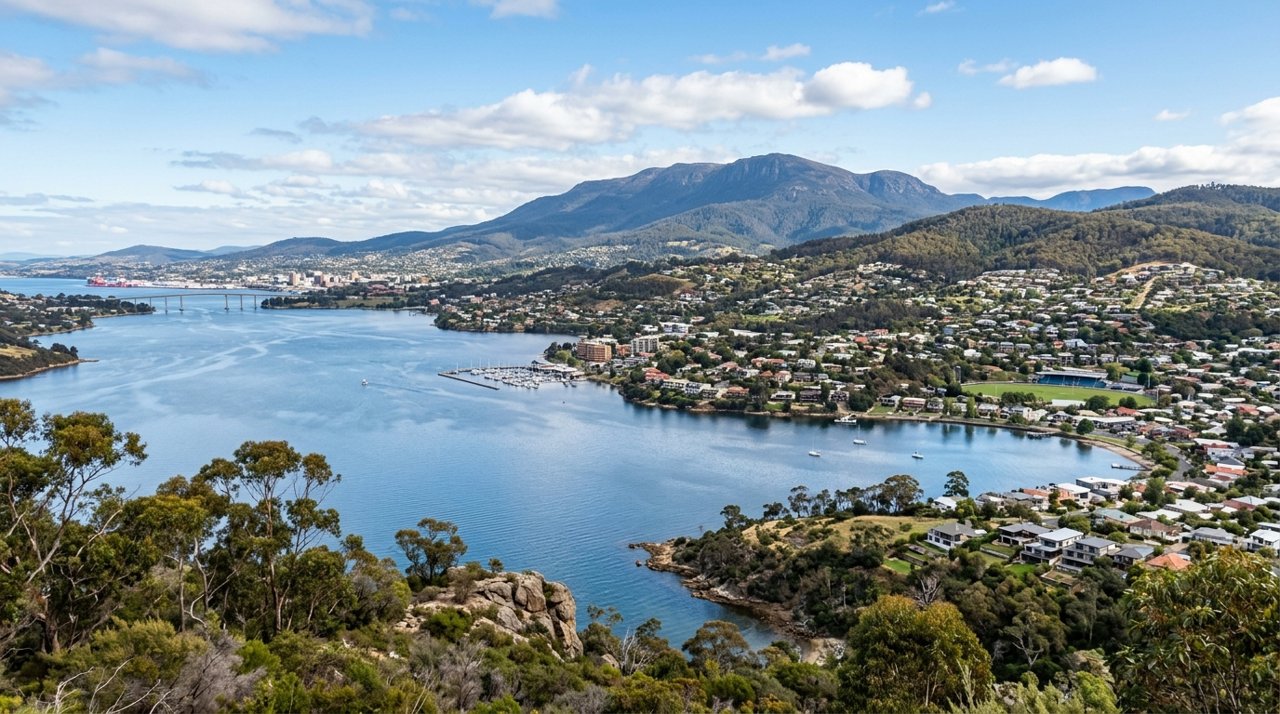 a scenic view of the River Derwent estuary and Hobart's Eastern Shore, Tasmania