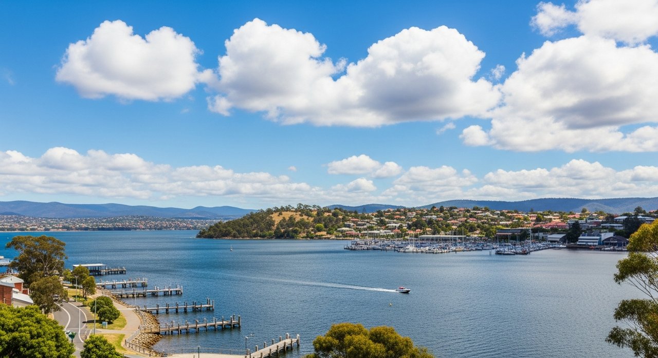 a scenic view of the River Derwent estuary and Hobart's Eastern Shore, Tasmania